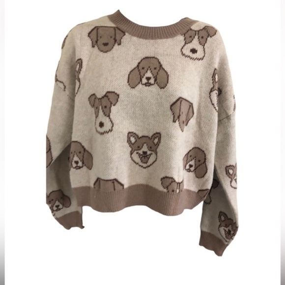 Beige cream brown adorable puppy dog face print long sleeve sweater‎ size medium - Picture 3 of 16